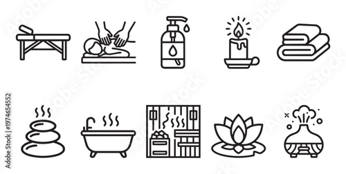 A collection of simple line icons representing various spa and wellness treatments including massage, hot stones, aromatherapy, and relaxation.
