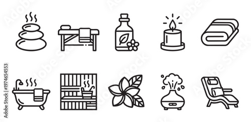 A collection of minimalist black line icons representing spa and wellness elements, including hot stones, massage table, oil, candle, towel, bathtub, sauna, flower, diffuser, and lounger.
