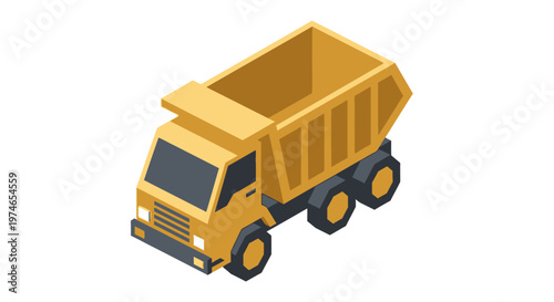 Isometric illustration of a yellow dump truck, a heavy-duty vehicle used in construction and mining industries for transporting bulk materials