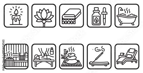 Collection of minimalist line art icons representing spa and wellness activities like massage, aromatherapy, bathing, and relaxation for health and beauty concepts.