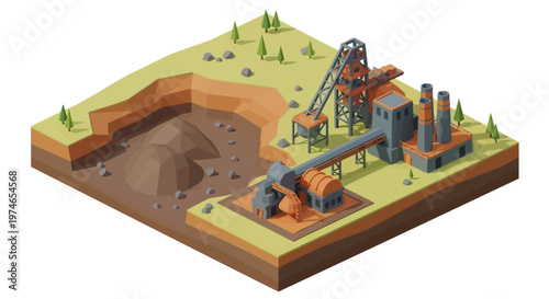 Industrial mining complex illustration with extraction pit and processing plant in isometric view