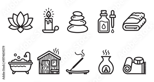 A clean, line-art vector icon set featuring elements for spa, massage, and relaxation, including a massage table, hot stones, bath, and aromatherapy diffuser.