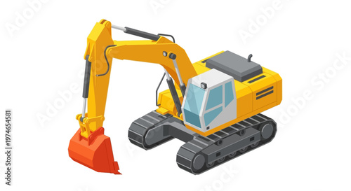Construction excavator heavy machinery for digging and earthmoving on a white background, industrial equipment