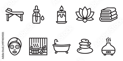 A collection of clean line art icons representing various spa and wellness elements, including a massage table, essential oil, candle, lotus, towels, facial, sauna, bathtub, hot stones, and diffuser.