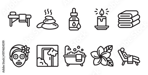 A collection of clean, black and white line art icons representing various spa and wellness elements for beauty and relaxation concepts.