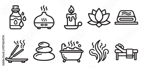 A collection of simple black line icons representing spa and wellness elements, including a massage bed, incense, hot stones, and a lotus flower, evoking relaxation and self-care.