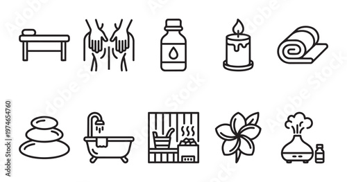 A minimalist black and white collection of icons representing various spa and wellness elements for relaxation and self-care.