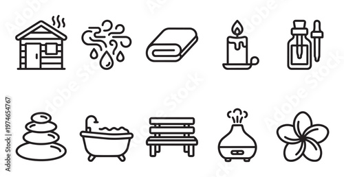 A collection of simple line art icons representing spa and wellness elements including a sauna, steam, towel, candle, essential oil, stones, bath, bench, diffuser, and flower.
