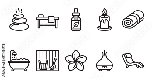 A collection of simple line art icons representing spa treatments and wellness objects, including massage stones, a bed, oil, candle, towel, bath, sauna, flower, diffuser, and chair.