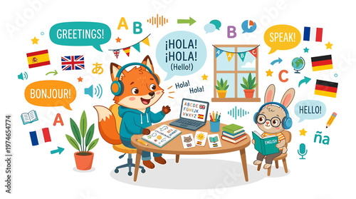 Cute fox and rabbit learning languages online with computer and books