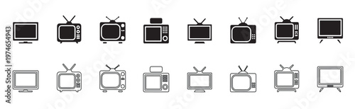 A set of Retro television icon set vintage television icons featuring vintage antenna design an outline version and solid color in black, representing retro broadcasting, vector illustration.