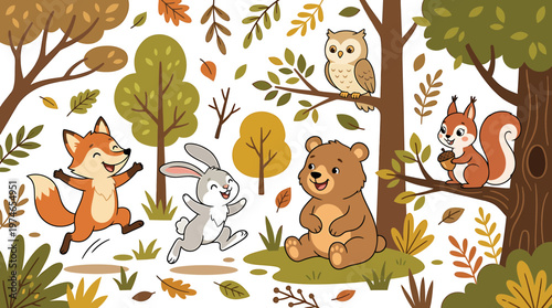 Cute forest animals playing in autumn woods, fox, rabbit, bear, owl, squirrel