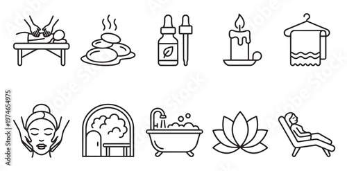 A collection of minimalist line art icons representing various spa and wellness treatments, including massage, hot stones, aromatherapy, and relaxation, perfect for health and beauty concepts.