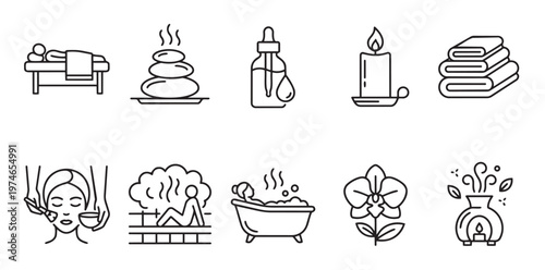 A clean line art illustration featuring a collection of spa and wellness icons, including massage, hot stones, aromatherapy, and relaxation.