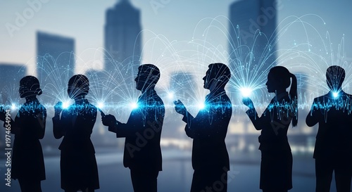 Silhouetted Professionals Connecting with Blue Network Light in City