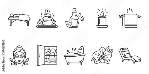 A collection of clean, modern line art icons representing various spa and wellness services, including massage, aromatherapy, and relaxation.