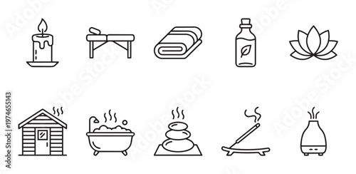 A collection of simple, line-art icons representing various spa and wellness elements, ideal for design projects focused on relaxation and self-care.