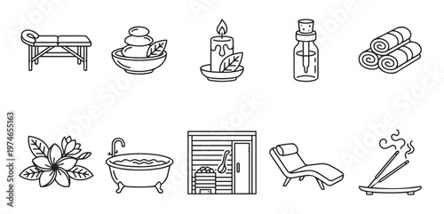 Collection of simple outline icons depicting various spa and wellness elements such as massage table, stones, candle, bath, sauna and incense.