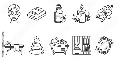 A collection of clean line art icons representing spa and wellness treatments including face mask, towels, massage oil, candle, orchid, massage table, stones, bathtub, sauna, and mirror.