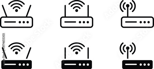Six black and white of wireless routers with wifi signals wifi symbol wireless symbol internet symbol