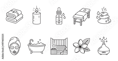 A collection of simple line art icons representing various spa and wellness elements like towels, candles, oils, massage tables, hot stones, facials, bathtubs, saunas, flowers, and diffusers.