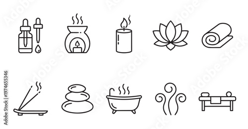 A collection of minimalist line art icons representing various spa and wellness elements like essential oil, incense, hot stones, and a massage table.