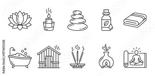 A clean, minimalist set of line art icons representing spa and wellness elements like lotus, candle, stones, oil, towel, bath, sauna, incense, diffuser, and yoga meditation.