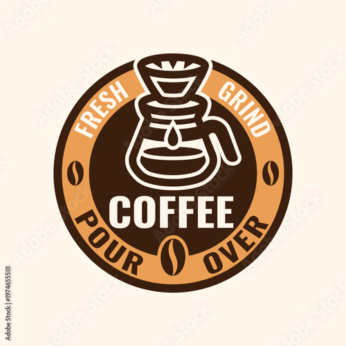 Bright coffee brewing emblem with pour over dripper in color. Clean vector badge ideal for cafe branding and coffee packaging