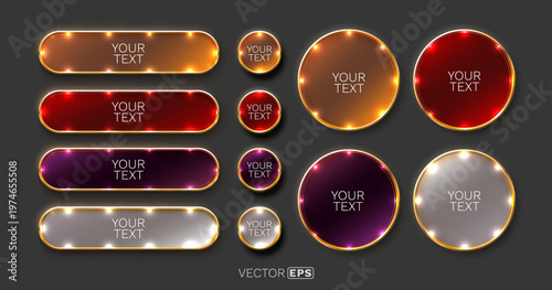 Elegant glowing web buttons and banners with golden frames.