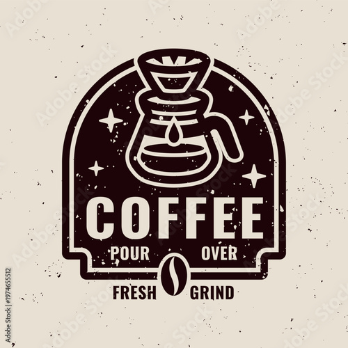 Retro coffee dripper emblem in black textured engraving style. Vintage vector badge ideal for barista branding, cafe and artisan coffee themes