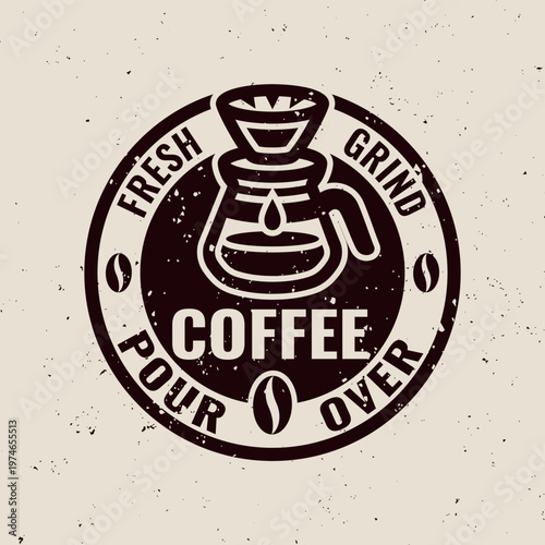 Retro coffee dripper emblem in black textured engraving style. Vintage vector badge ideal for barista branding, cafe and artisan coffee themes