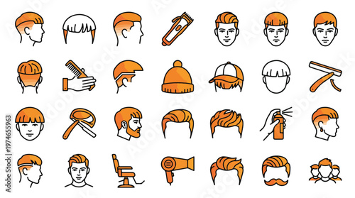 Men's Grooming and Haircut Icon Set in Modern Linear Style. A collection of hair salon icons representing various styles and tools, including undercut, pompadour, trimmer, razor, and more.