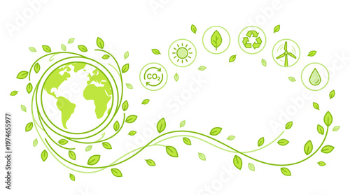 Eco-friendly earth illustration featuring green vines and sustainability icons representing renewable energy, recycling, and nature conservation.