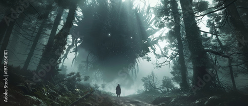 A lone figure stands on a misty path facing a colossal, mystical forest entity shrouded in fog, creating a scene of suspense and otherworldly encounter.