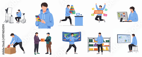 Flat Graphic Illustration Man Working In Several Activity Collection Set