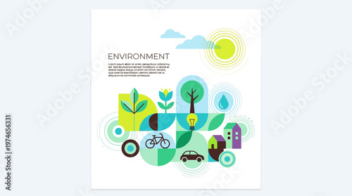 Colorful environment infographic illustrating sustainability concepts: trees, renewable energy, cycling transport, and recycling for a greener future
