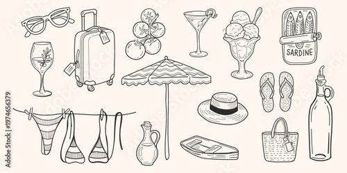 Hand drawn doodle  mediterranean posters and surf vector illustration set. Tropical naive coastal elements like palm trees  waves  surfboards  and sun perfect for summer designs  t-shirts  posters  