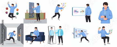 Flat Design of Man Using Digital Device at Home Illustration Set