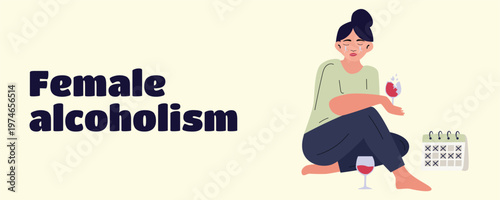 Banner of female alcoholism concept, crying woman near wine bottle and glasses, alcohol addiction and mental health problem illustration