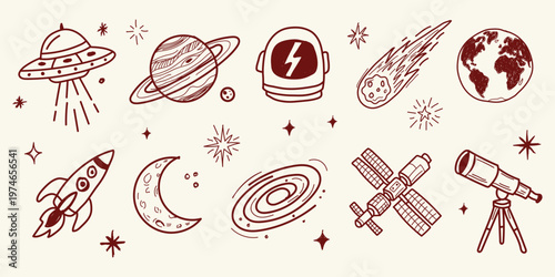 Hand drawn doddle  space theme vector illustration set with UFOs, rockets, planets, stars, comets, and astronauts in a doodle art style