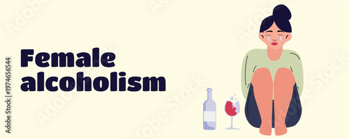 Banner of female alcoholism concept, sad crying woman near wine bottle and glass, alcohol addiction and depression illustration