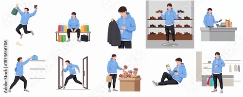 Flat Illustration Various Poses of Young Man Shopping and Consumerism Activity