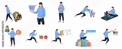 Flat Graphic Illustration of Young Man Shopping with Various Activities