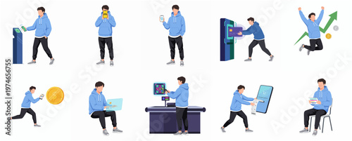 Flat Illustration Set of Man Doing Financial Transactions in Different Poses