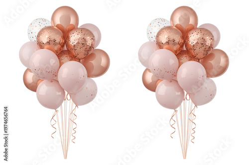 Bouquet of rose gold, pink, and clear balloons with rose gold confetti as transparent cutout