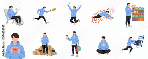 Modern Flat Style Young Man with Mobile Phone in Various Actions Illustration
