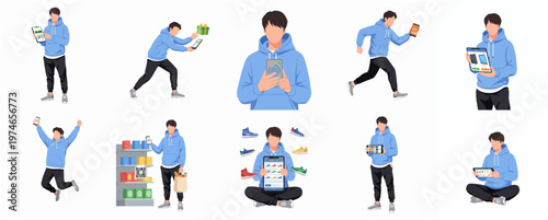 Flat Illustration Set of Young Man Doing Online Shopping Activities