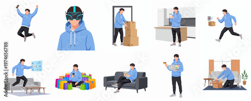 Minimalist Illustration of Millennial Man Doing Daily Activities at Home Set