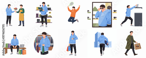 Minimalist Flat Illustration Set of Stylish Young Man in Various Activities
