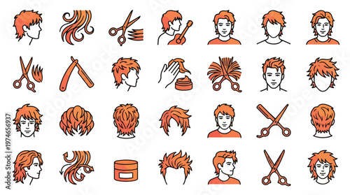 Men's Hairstyle Icon Set in Linear Style. A collection of male grooming graphic symbols, including barber, scissors, haircut, razor, styling wax, pomade, man, fashion